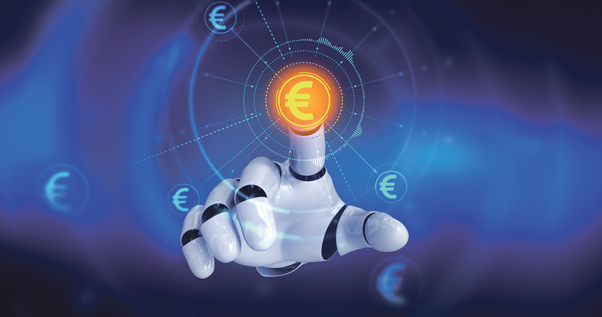 Eine Roboterhand berührt ein digitales Euro-Symbol